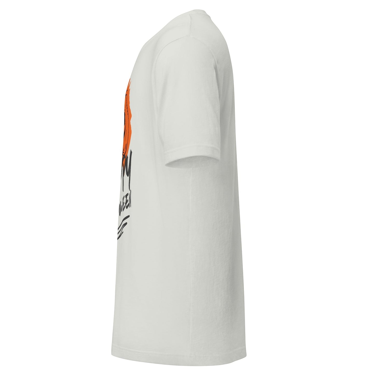 Clothing By Hot Takes Designs white cotton t-shirt with a vintage distressed jack-o'-lantern graphic, side view.