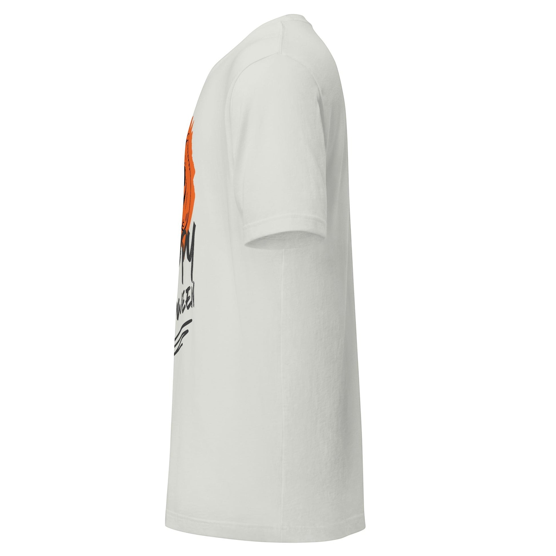 Clothing By Hot Takes Designs white cotton t-shirt with a vintage distressed jack-o'-lantern graphic, side view.