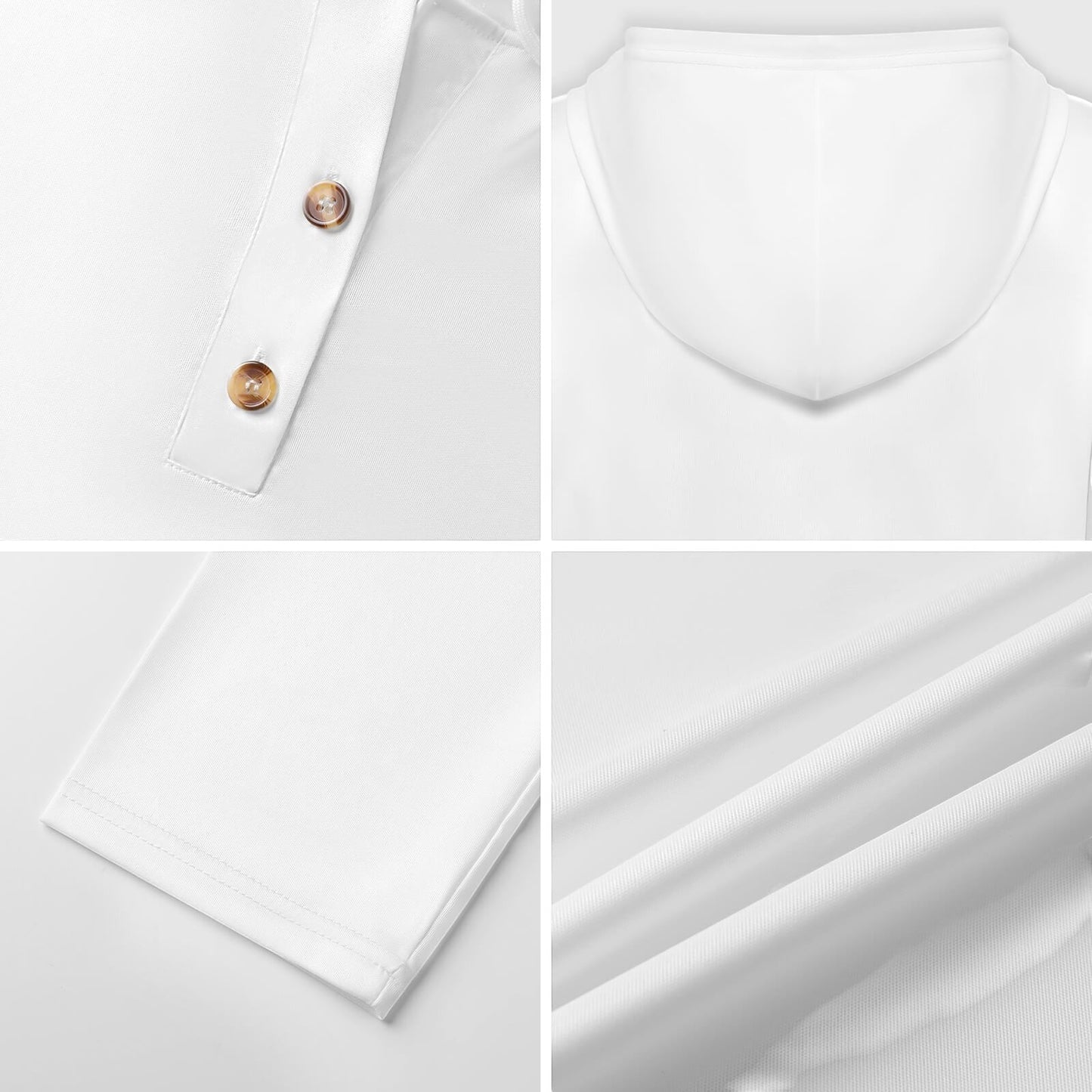 Clothing By Hot Takes Designs white lightweight V-neck button hoodie with hood and long sleeves, close-up details.