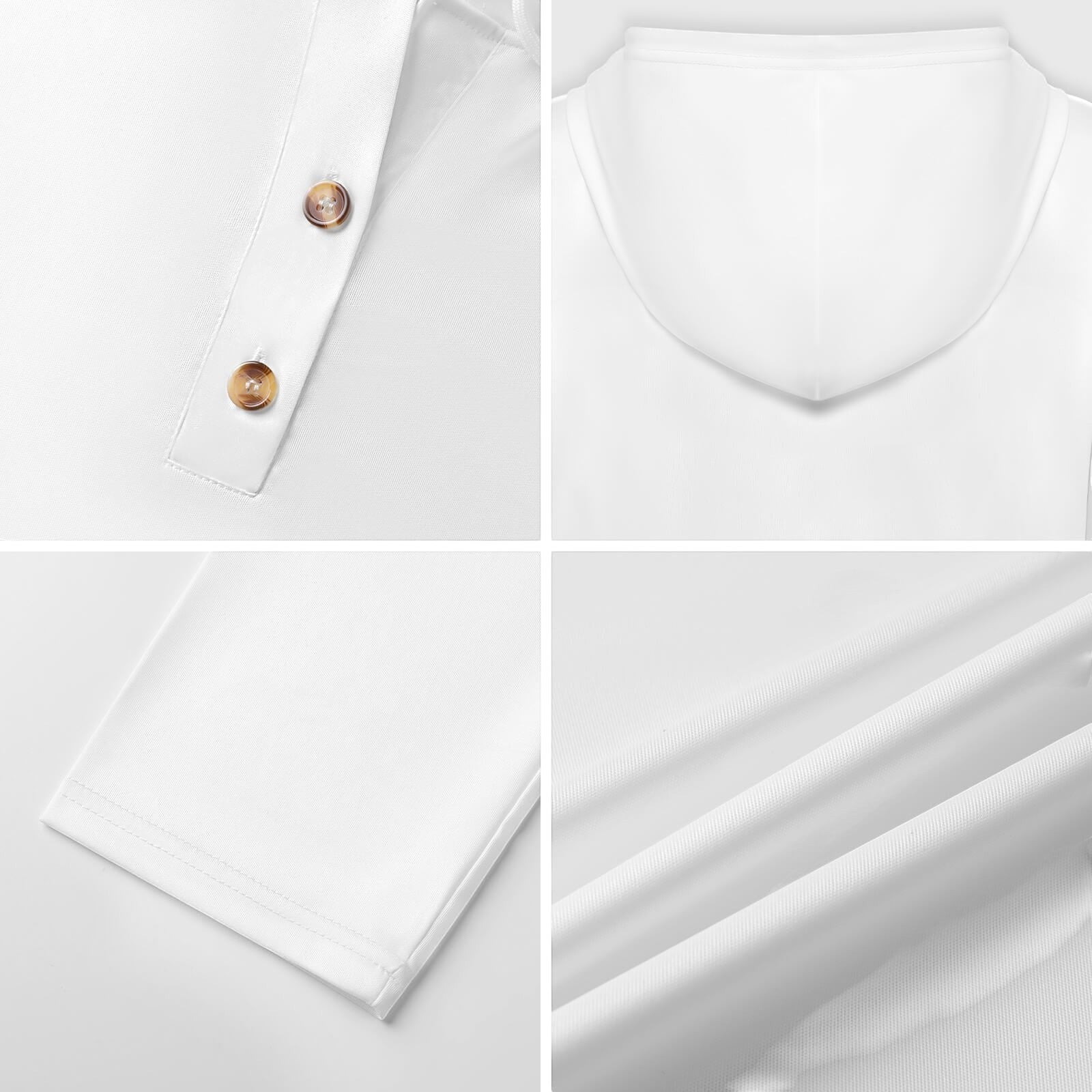 Clothing By Hot Takes Designs white lightweight V-neck button hoodie with hood and long sleeves, close-up details.