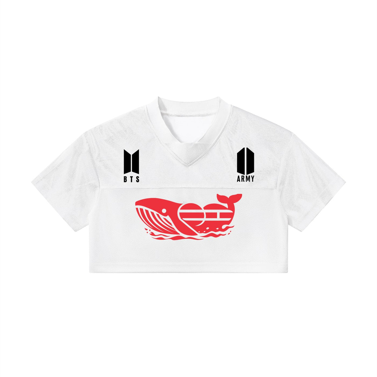 Clothing By Hot Takes Designs white cropped V-neck jersey with red whale graphic and BTS ARMY logos