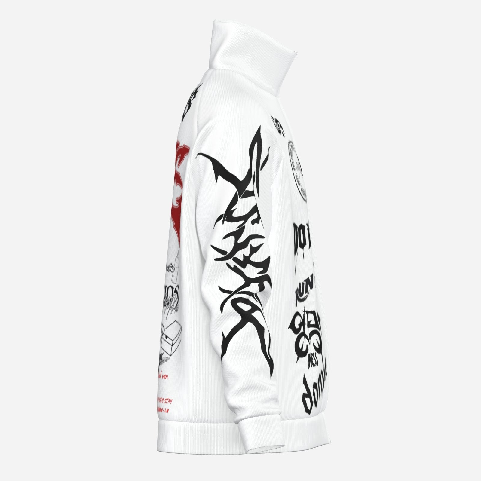 Clothing By Hot Takes Designs white lightweight track jacket with black and red graphic prints and a stand collar.
