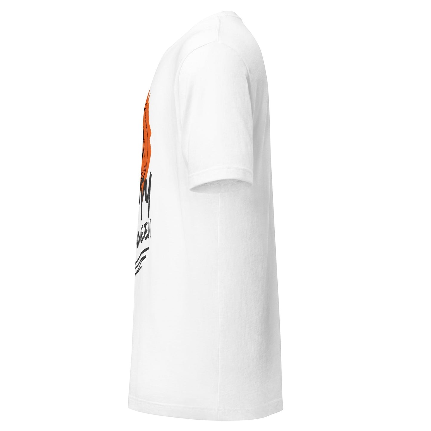 Clothing By Hot Takes Designs white cotton t-shirt with a vintage distressed orange jack-o'-lantern graphic side view