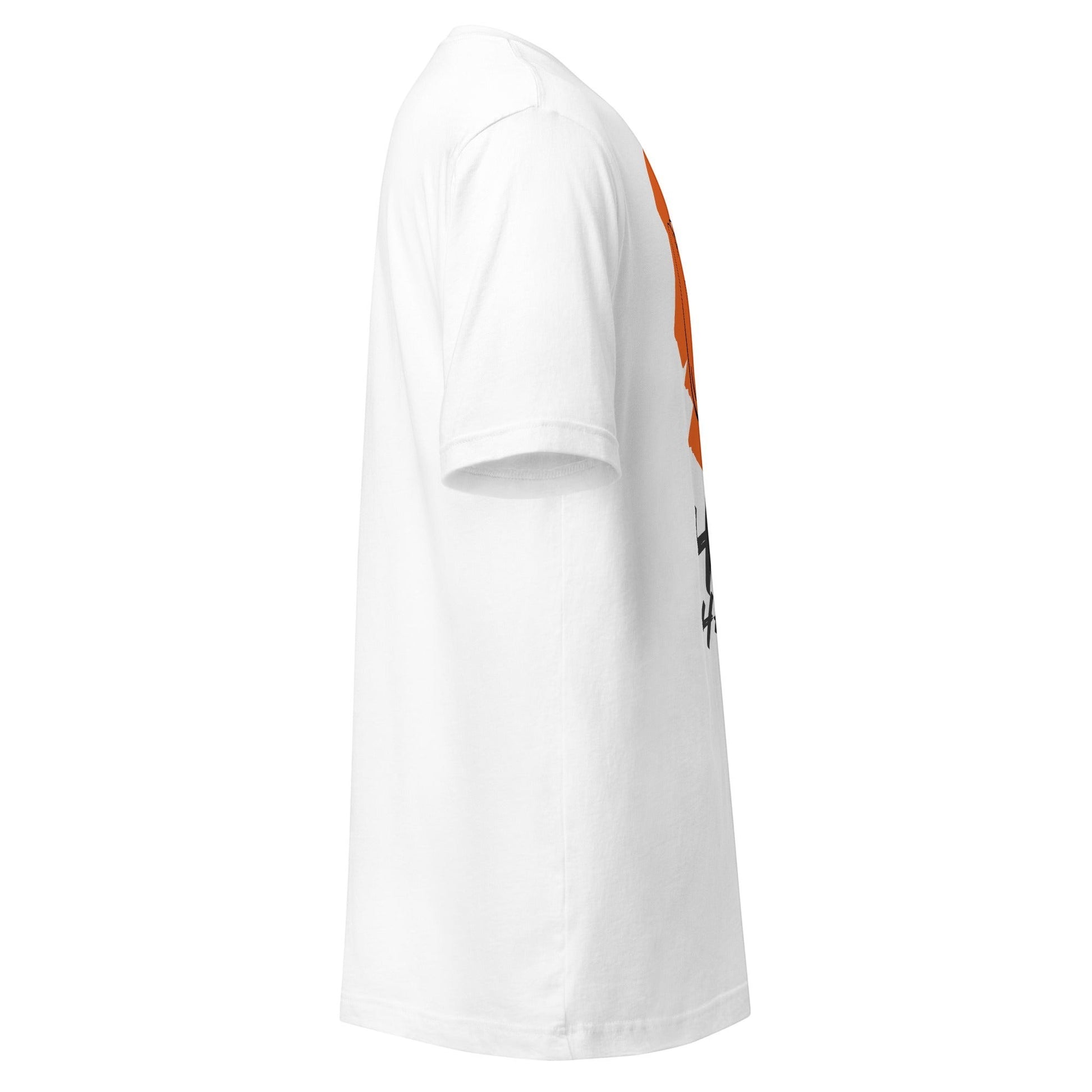 Side view of a white Clothing By Hot Takes Designs unisex cotton t-shirt featuring a vintage jack-o-lantern graphic.