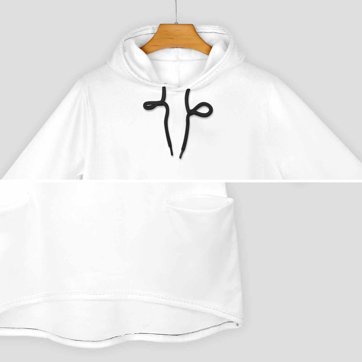 Clothing By Hot Takes Designs white 3/4 sleeve pullover hoodie featuring a drawstring hood and front pockets.