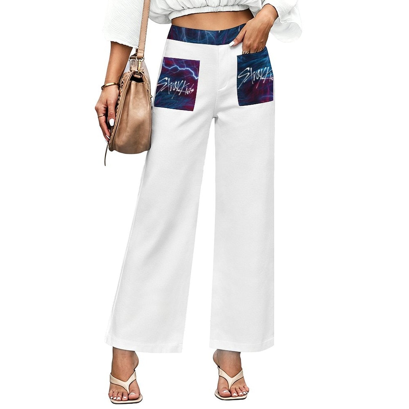 Clothing By Hot Takes Designs white wide-leg trousers with Stray Kids lightning graphic patch pockets.