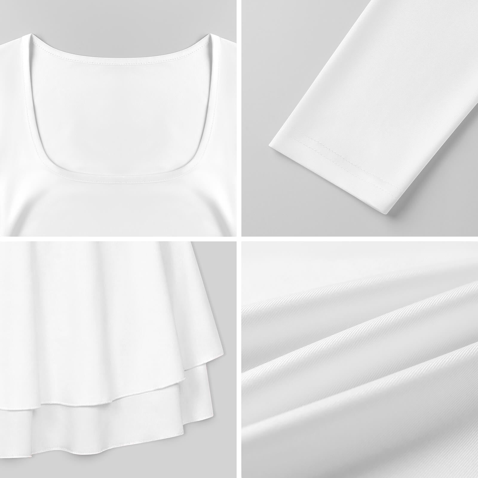 Clothing By Hot Takes Designs white District 9 Run It Tour dress featuring a square neckline and ruffled hem details.