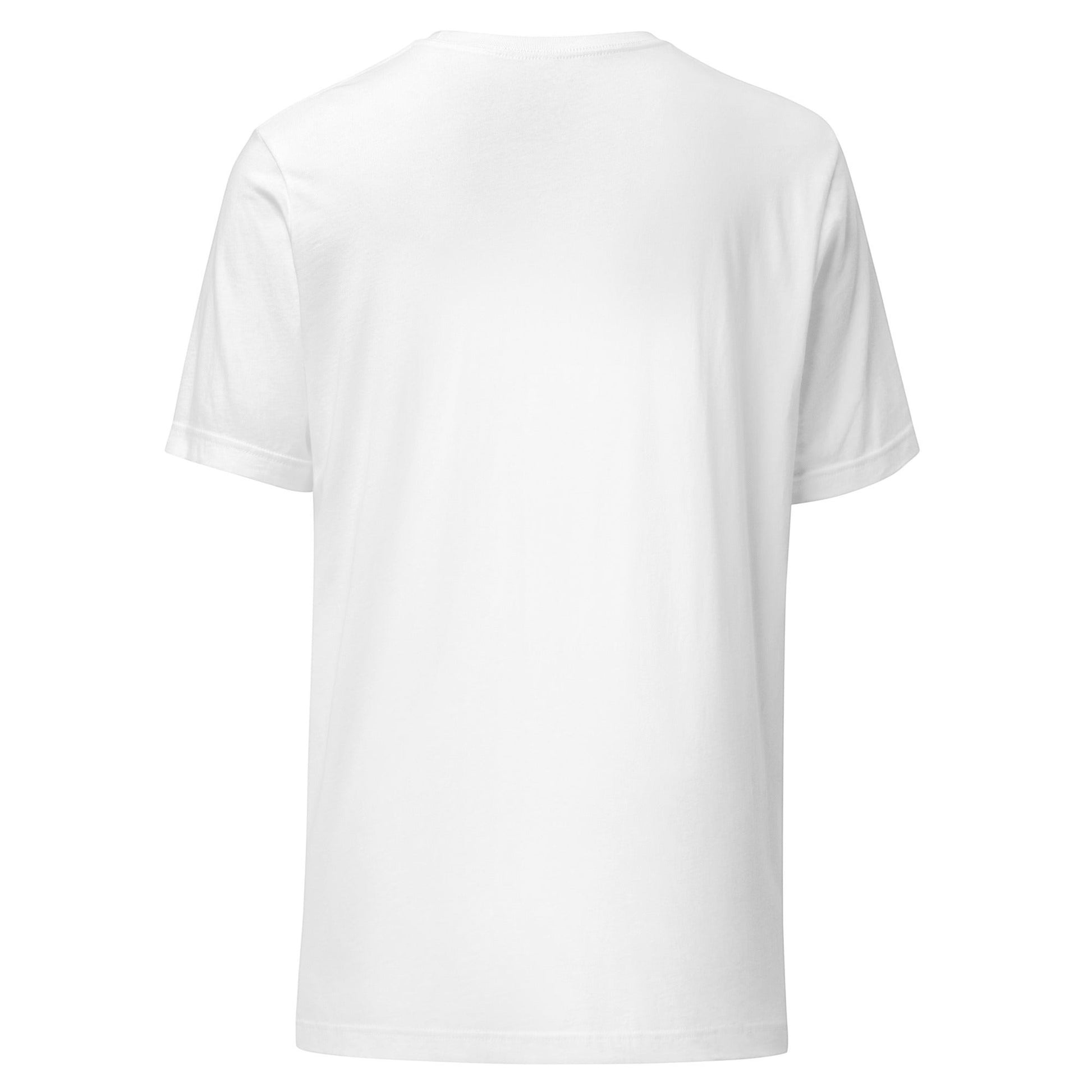 Back view of a plain white Clothing By Hot Takes Designs unisex cotton t-shirt with a classic crew neck fit.