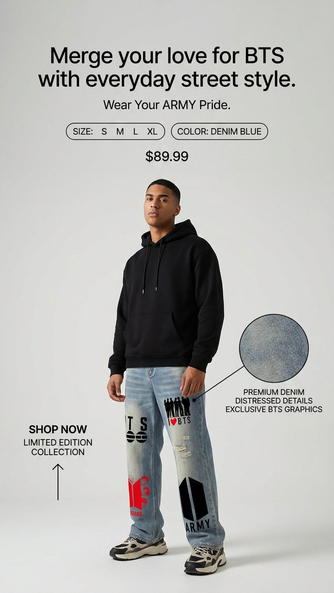 BTS ARMY Vintage Wash Distressed Denim Jeans – Edgy Streetwear Wide Leg Ripped Denim for Bangtan Fans
