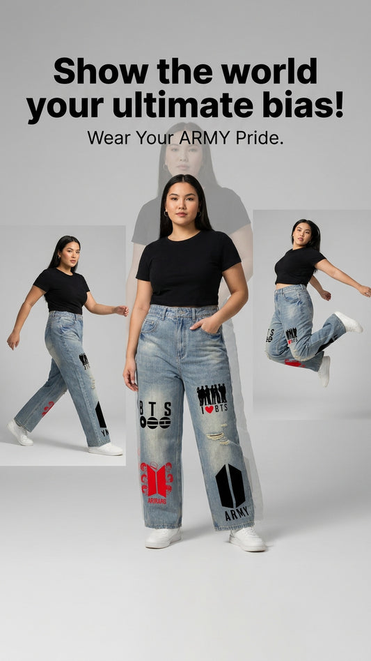 BTS ARMY Vintage Wash Distressed Denim Jeans – Edgy Streetwear Wide Leg Ripped Denim for Bangtan Fans