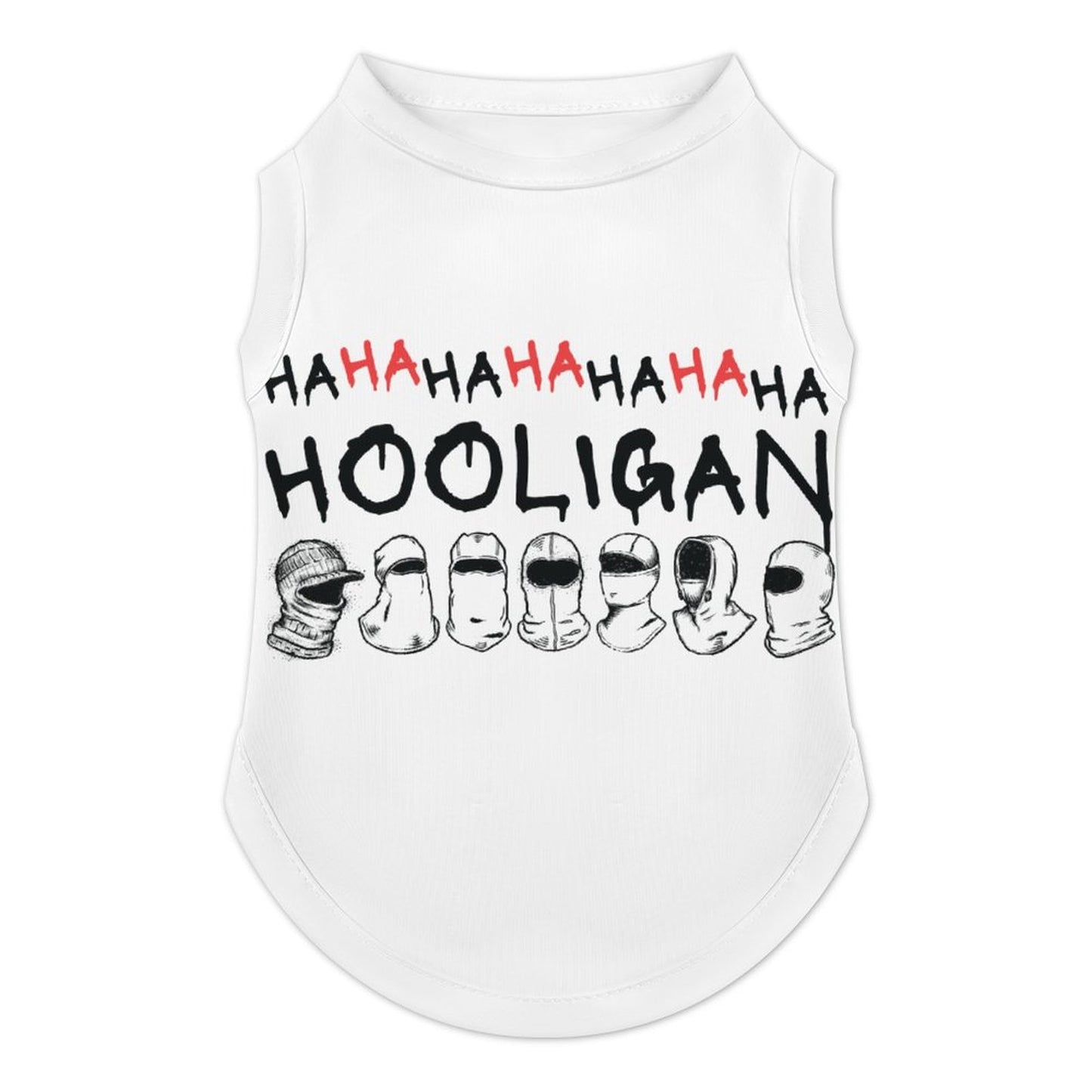 Close-up detail of 'BTS Hooligan' red circle logo on a white ice silk dog shirt, showing high-quality sublimation printing.