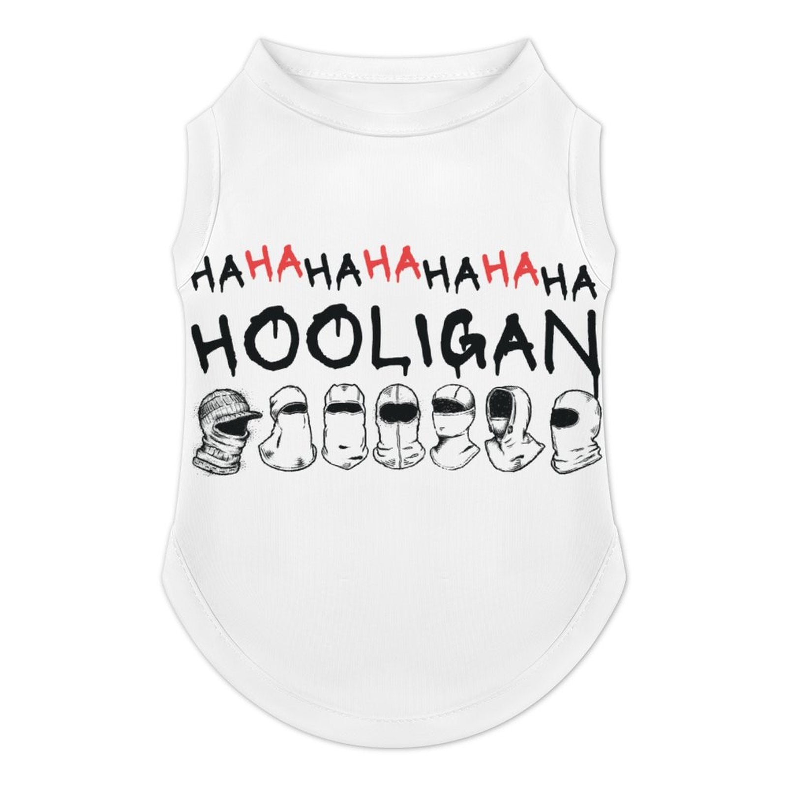 Close-up detail of 'BTS Hooligan' red circle logo on a white ice silk dog shirt, showing high-quality sublimation printing.