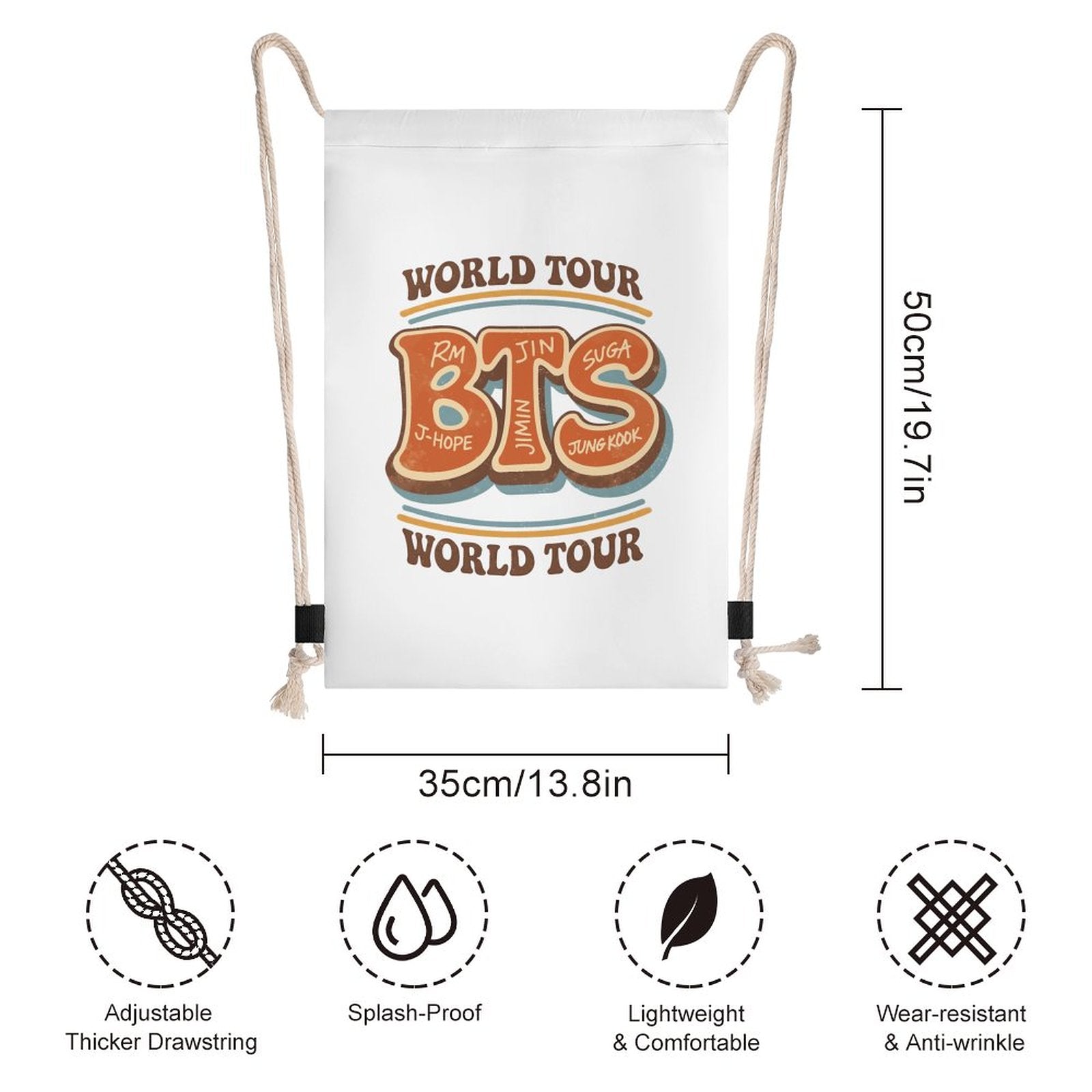 Close-up view of the sturdy thick black drawstrings and reinforced stitching on a custom printed K-pop fan apparel bag.