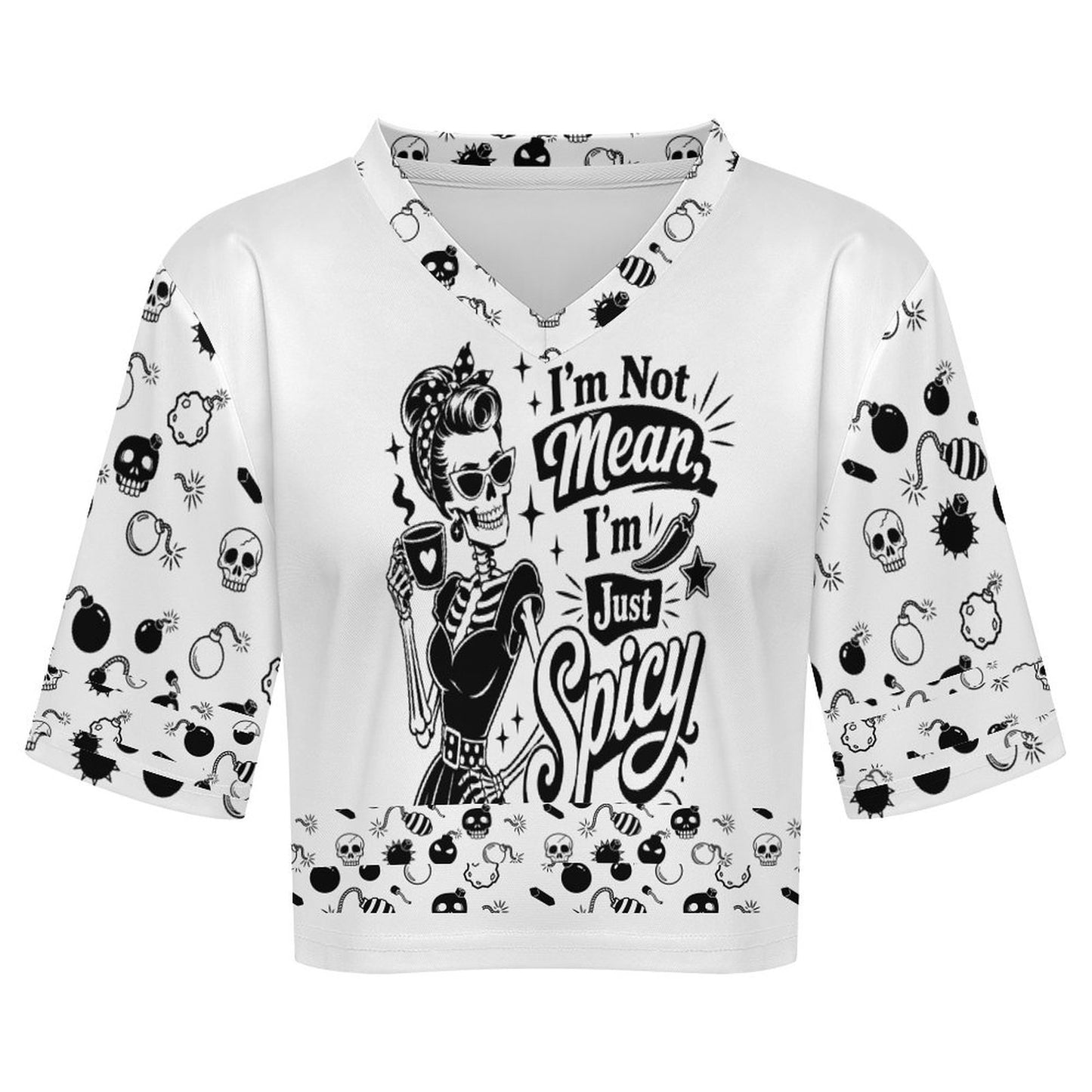 High-definition mockup view of the white collared rugby tee, detailing the sharp sublimation printing of retro bombs and skulls across the entire garment body.