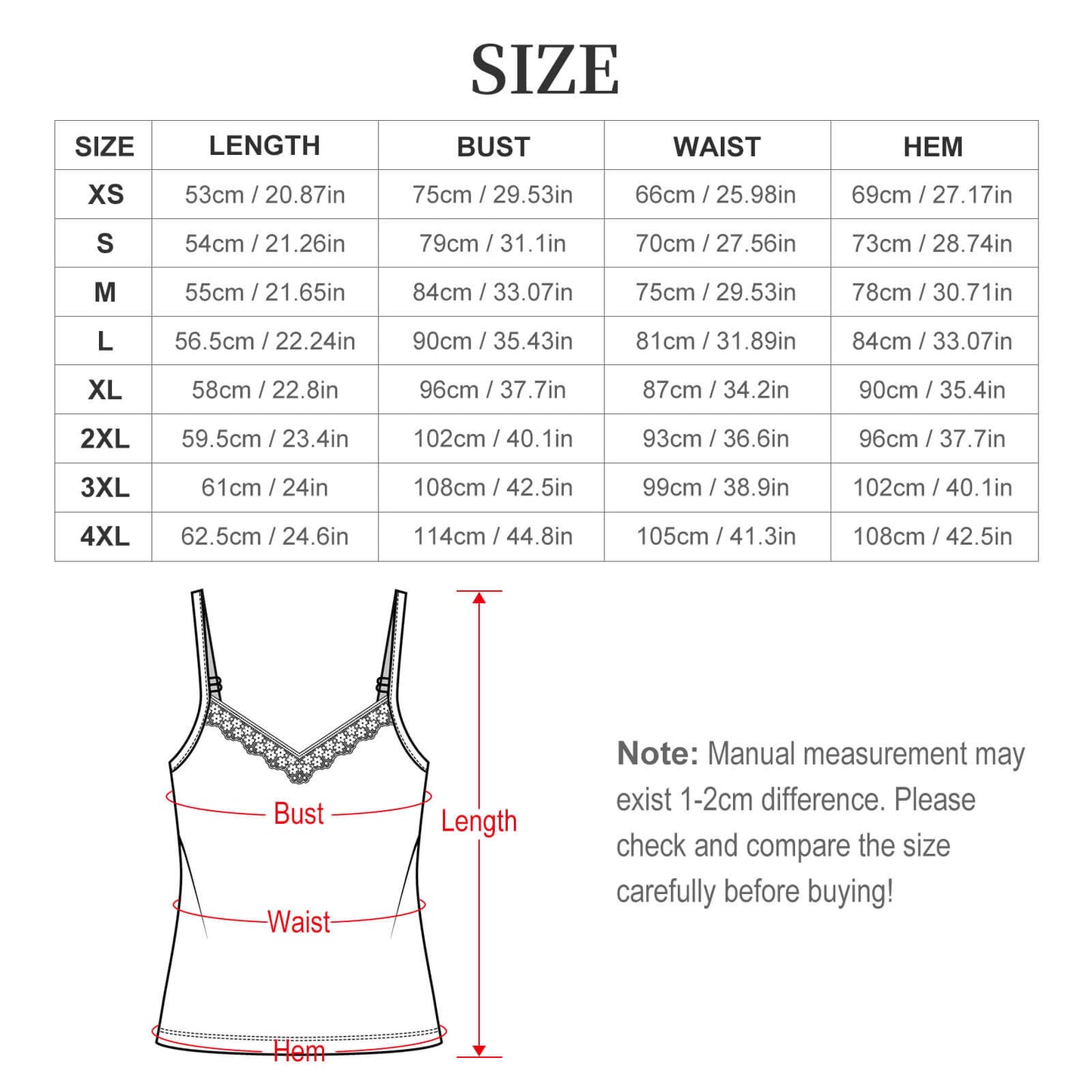 Size chart graphic for the I Could Be Meaner V-neck lace camisole showing measurements from XS to 4XL.