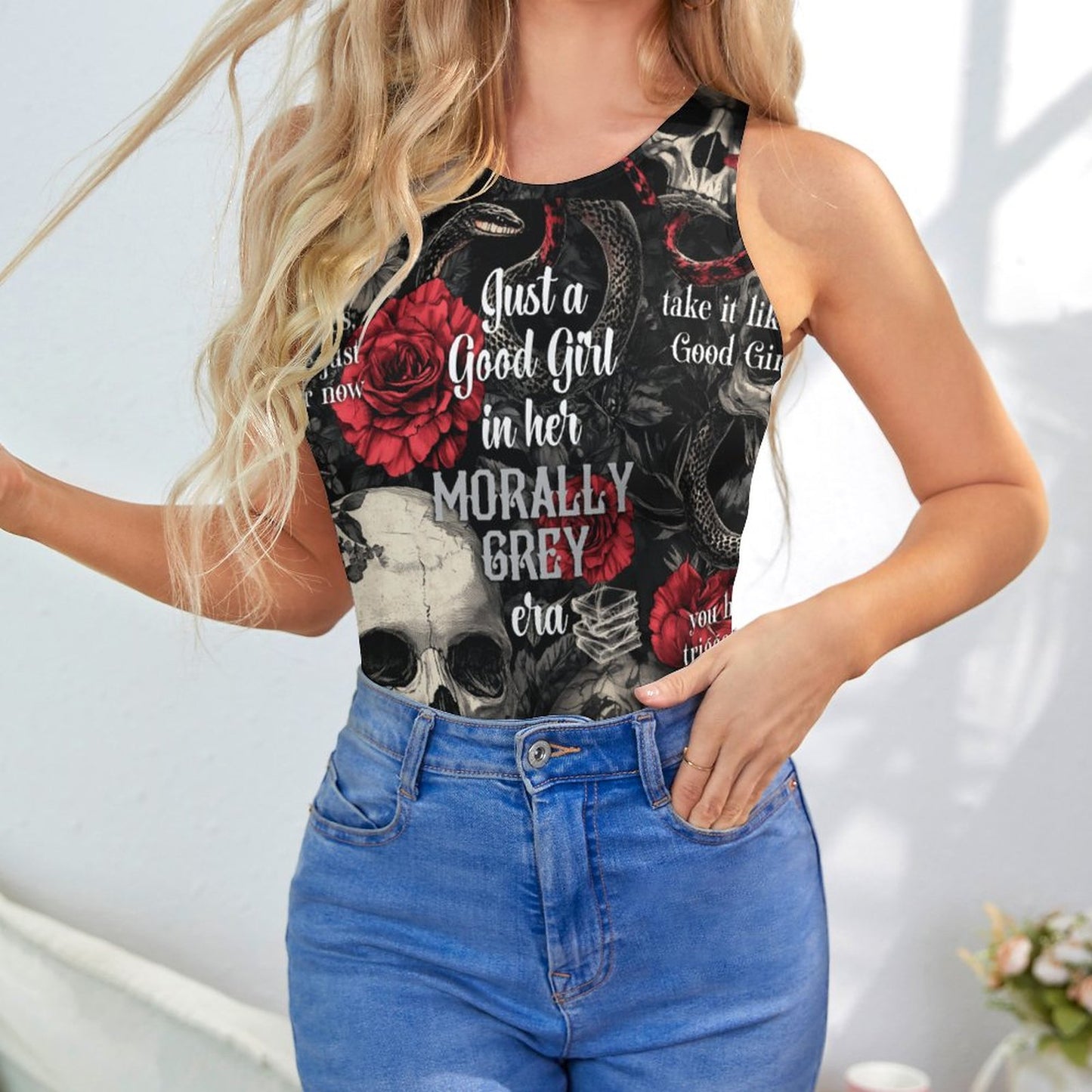 Model styled in a Dark Romance aesthetic bodysuit, perfect for Dark Academia and bookish outfits.