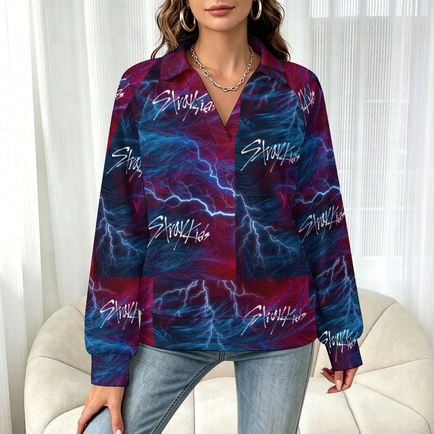 170gsm Casual Long Sleeve V-Neck Sweatshirt(All-Over Printing)