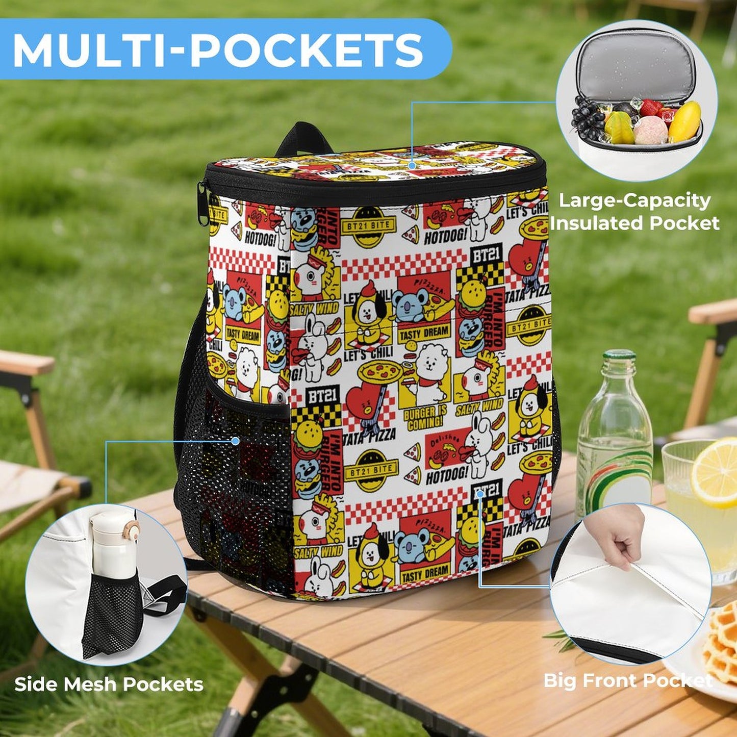 BT21 Inspired Insulated Ice Pack Backpack – All-Over Print K-Pop Picnic & Travel Bag