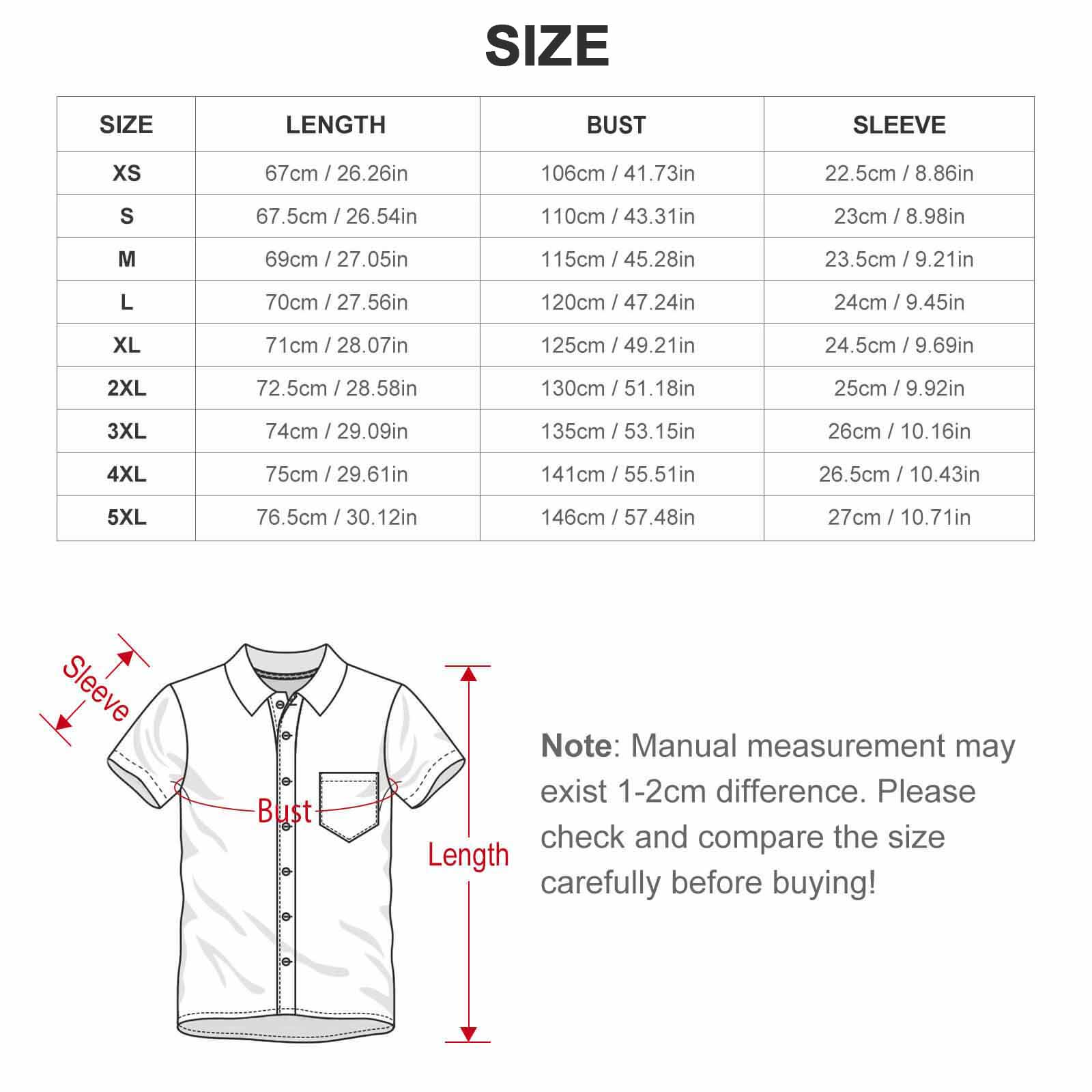 Size chart for a shirt with measurements in centimeters and inches.