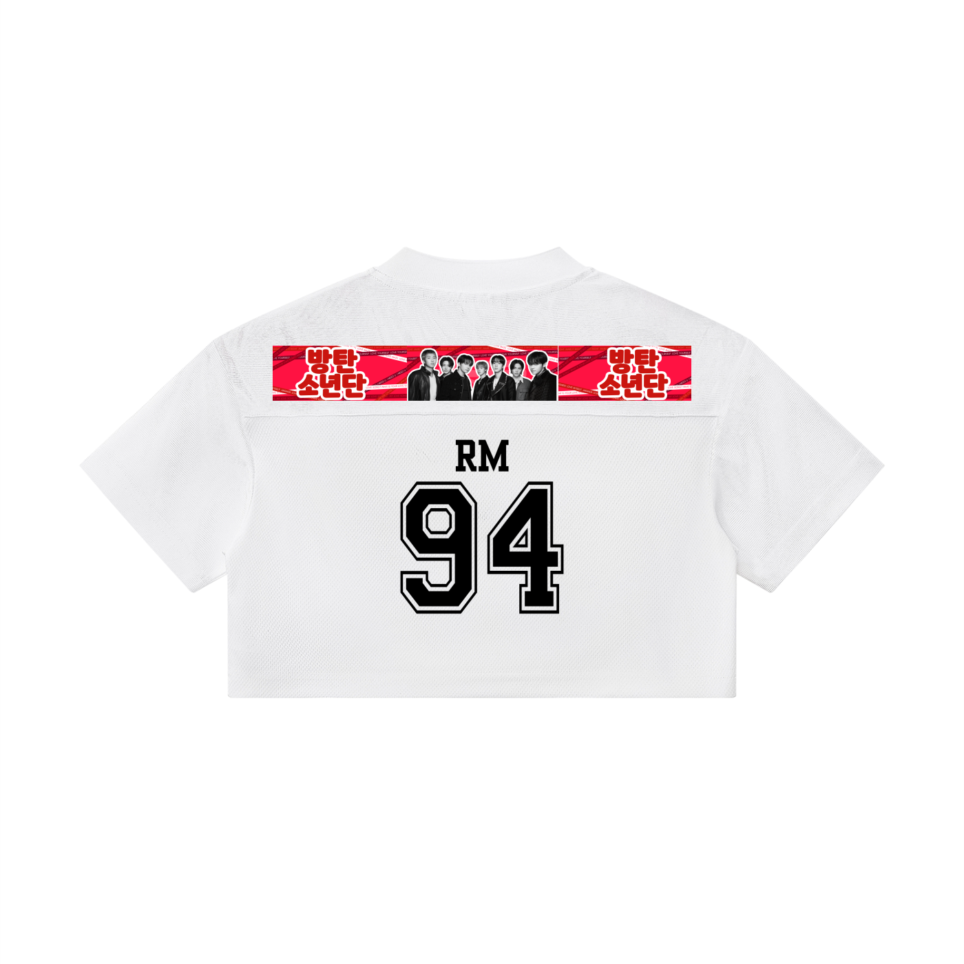 Back view of a white premium BTS RM World Tour cropped paneled jersey. Features a red graphic bar across the shoulders with Korean text and a photo group layout, with "RM" and the number "94" printed in bold black athletic font below. Ideal K-pop concert outfit idea.
