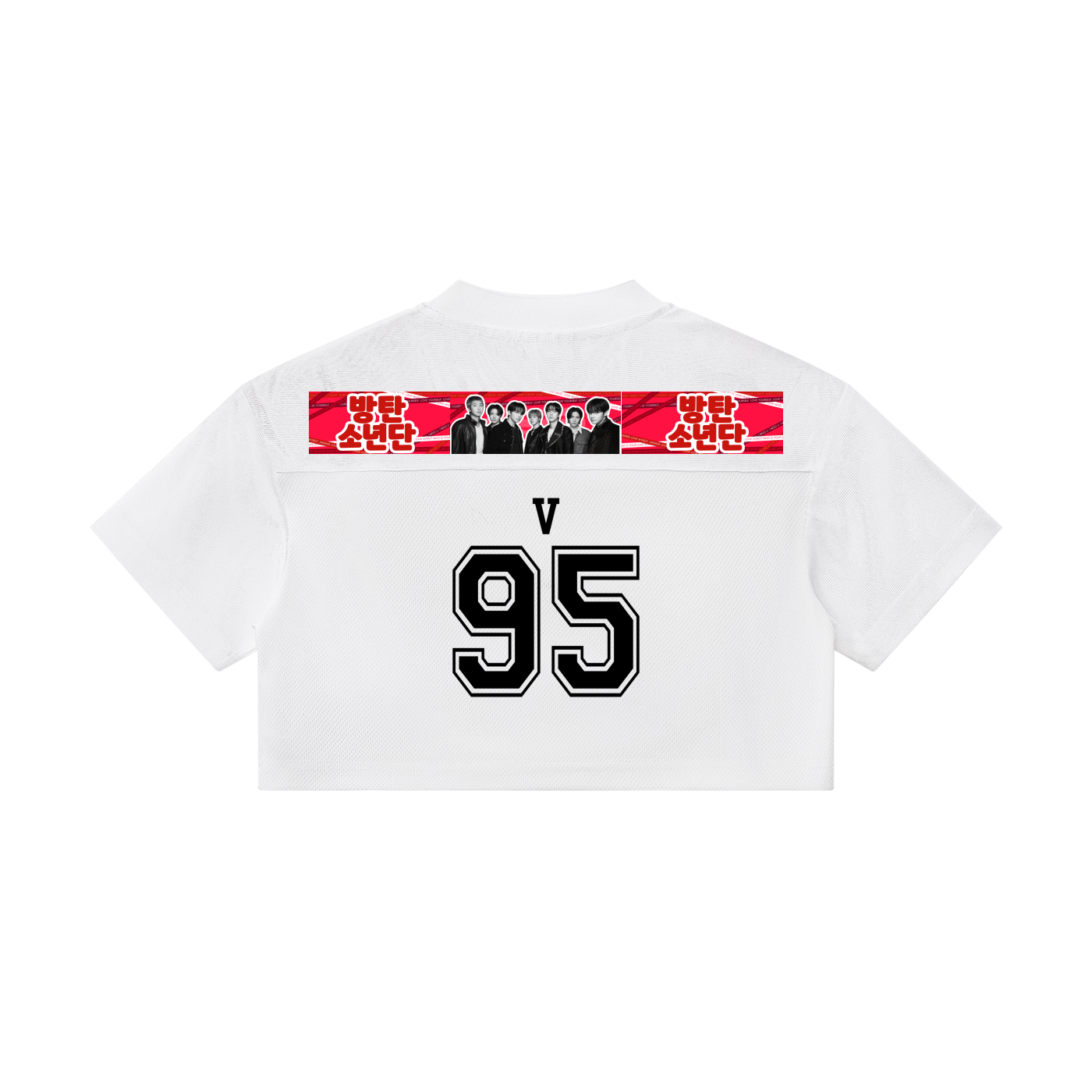 Back view of the white BTS V cropped paneled sports jersey, featuring a custom horizontal BTS band photo print and a large black number 95 graphic.