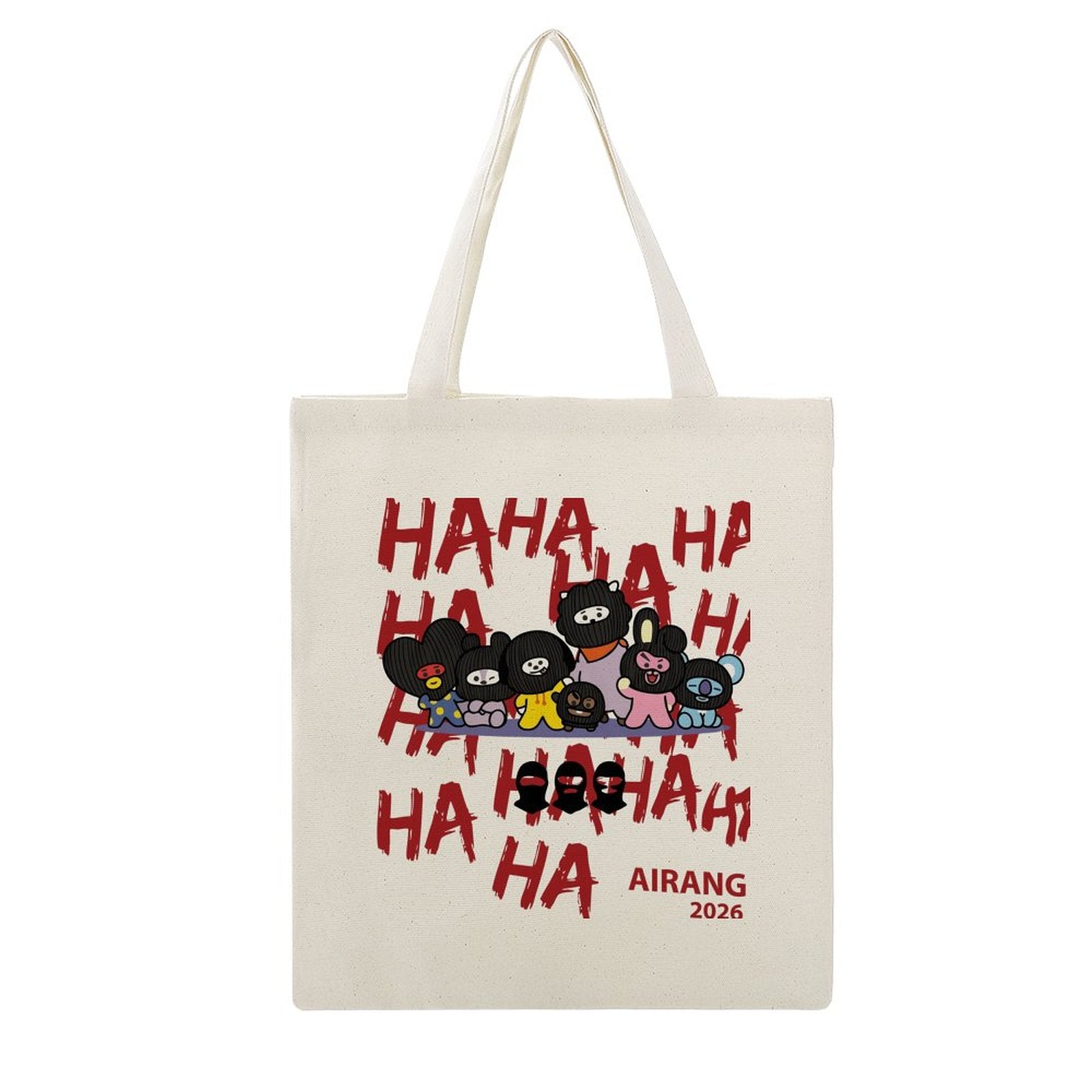 Front view of the BTS ARMY BT21 Hooligan canvas tote bag featuring an all-over print character design with red HA HA HA graphics.