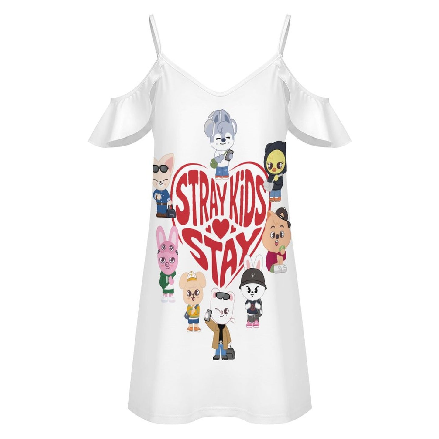 Stray Kids SKZOO Custom Ruffle Dress | All-Over Print Spaghetti Strap Mini Dress