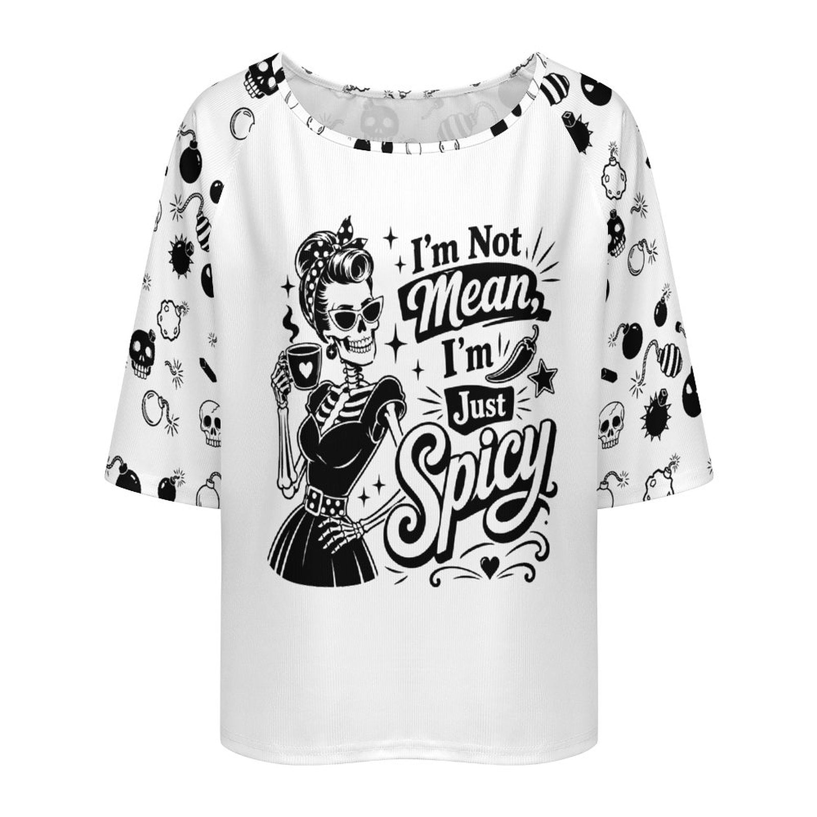 Close-up detail of the premium sublimation printing on the soft-touch polyester fabric, showing crisp, fade-resistant lines of the "I'm Not Mean I'm Spicy" design on clean white, breathable material.