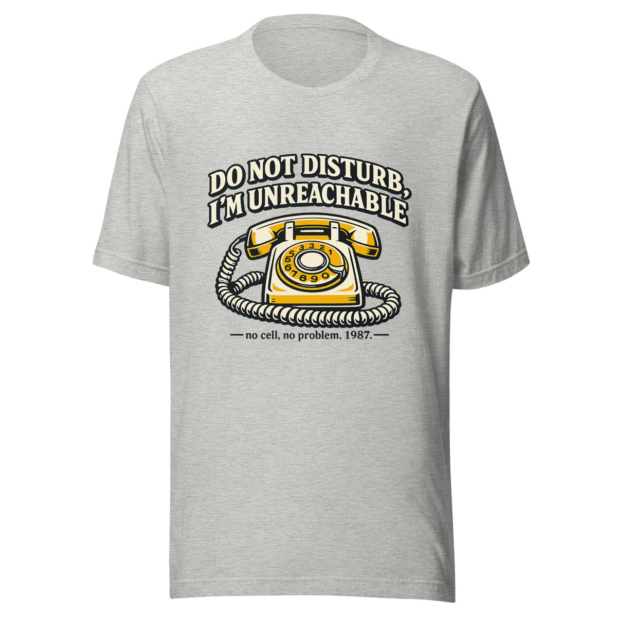 Front view mockup of an athletic heather gray unisex t-shirt featuring a retro rotary phone graphic reading Do Not Disturb I'm Unreachable