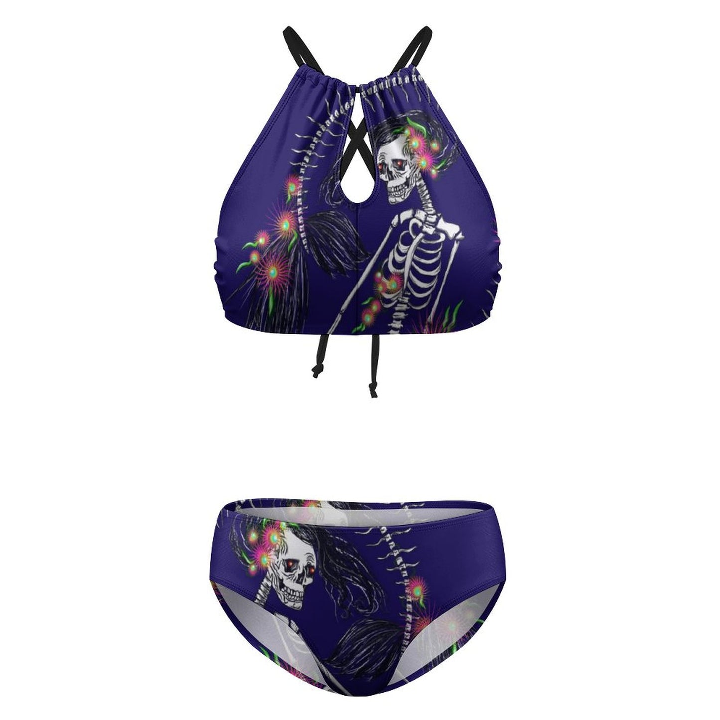 Skeleton Siren High Neck Halter Bikini – Women's Two-Piece All-Over Print Swimsuit