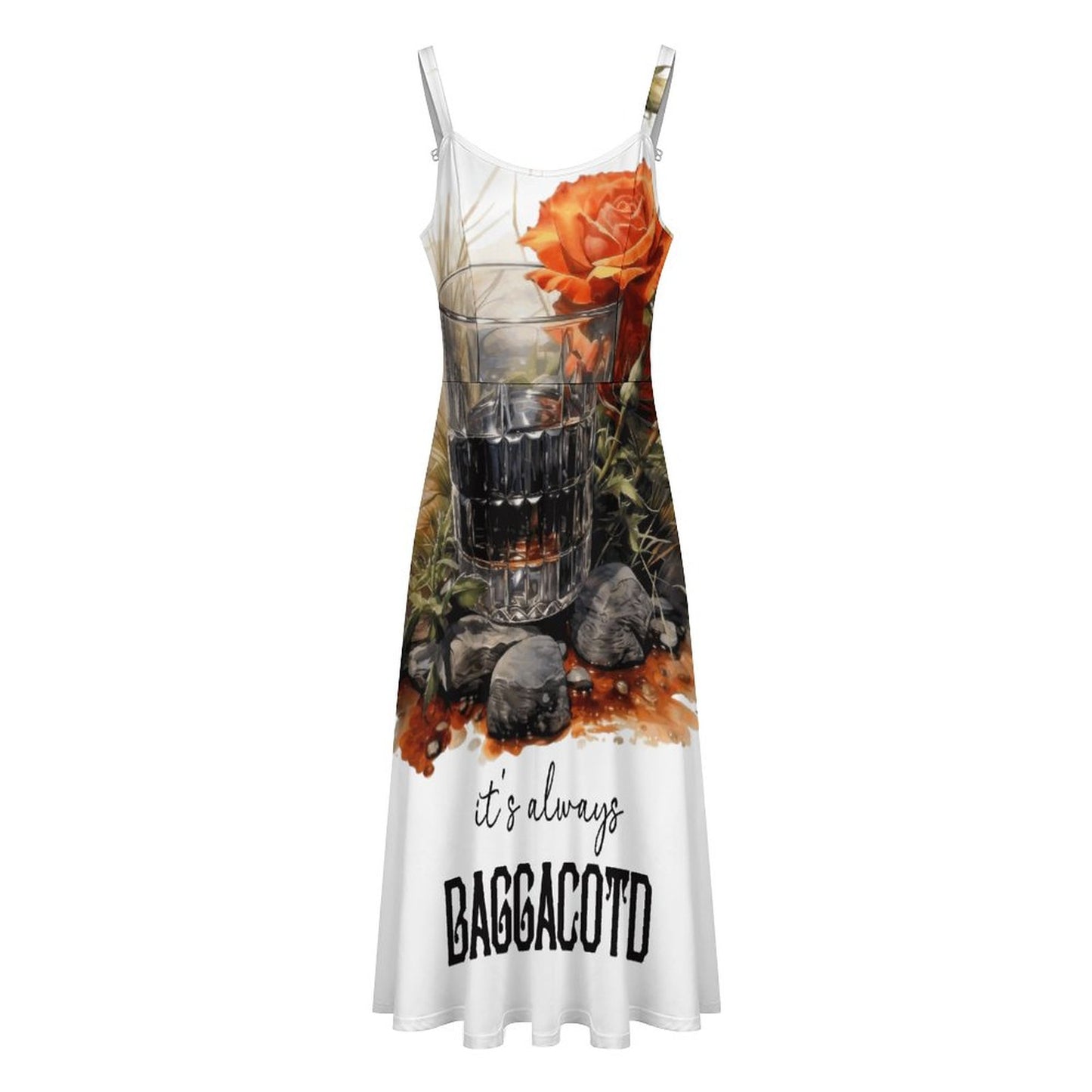 "It's Always BAGGACOTD" Midi Spaghetti Strap Dress – A-Line Sublimation Dress