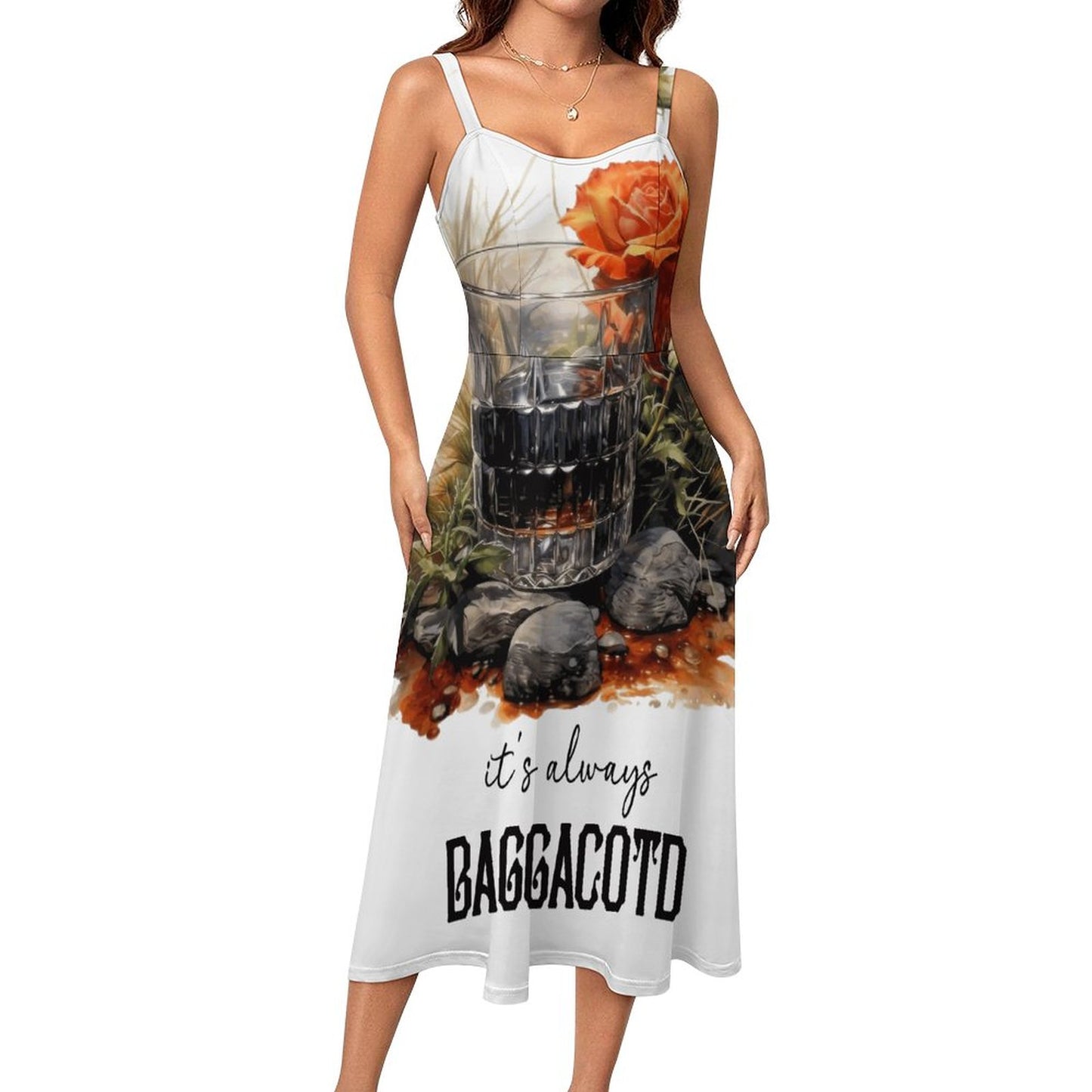 "It's Always BAGGACOTD" Midi Spaghetti Strap Dress – A-Line Sublimation Dress