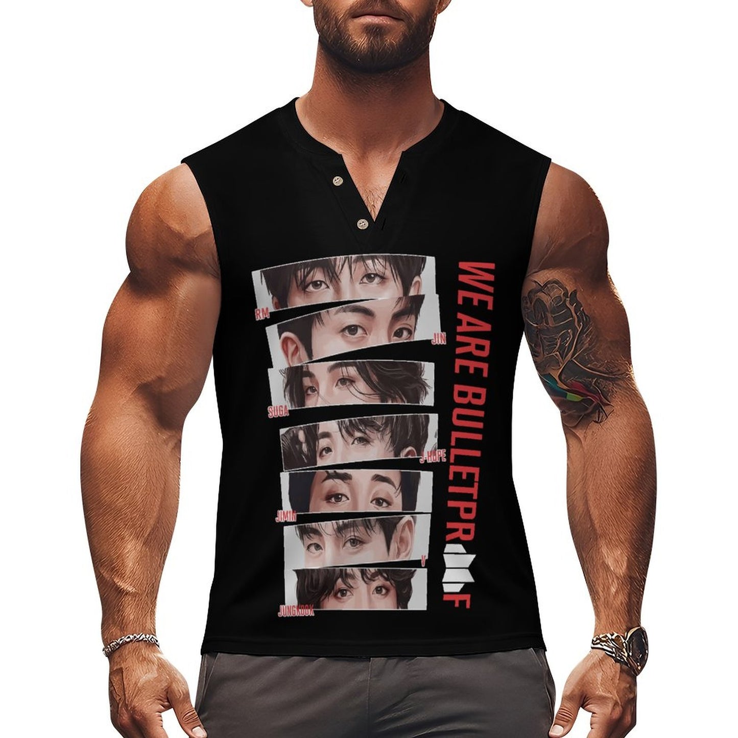 BTS Inspired Henley Tank Top | We Are Bulletproof All-Over Print Vest