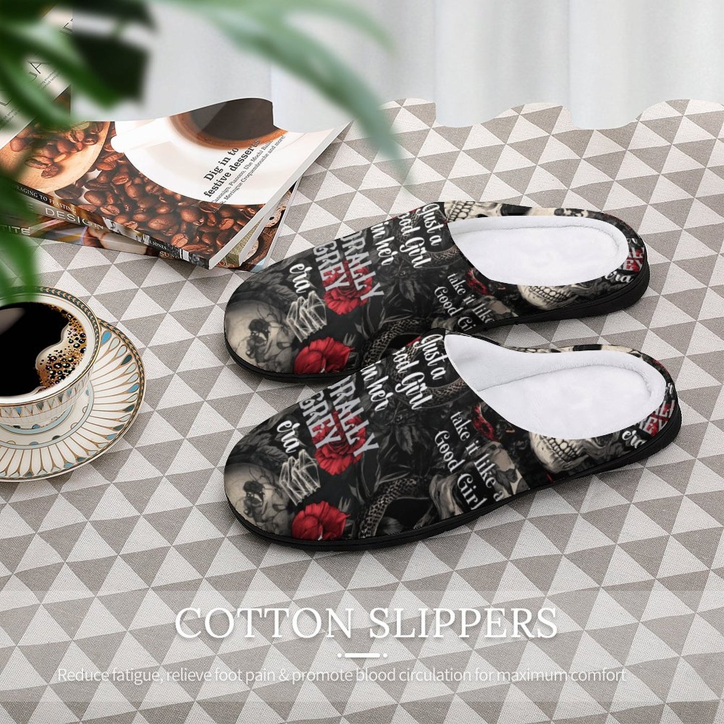 White plush bookish slippers with 'In My Morally Grey Era' text and skull rose design.