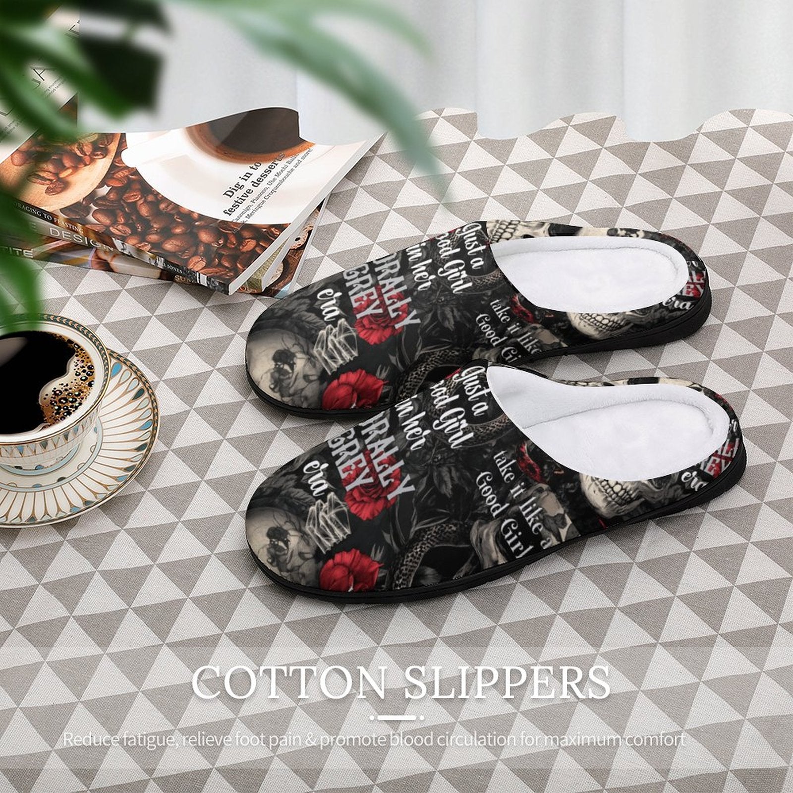 White plush bookish slippers with 'In My Morally Grey Era' text and skull rose design.