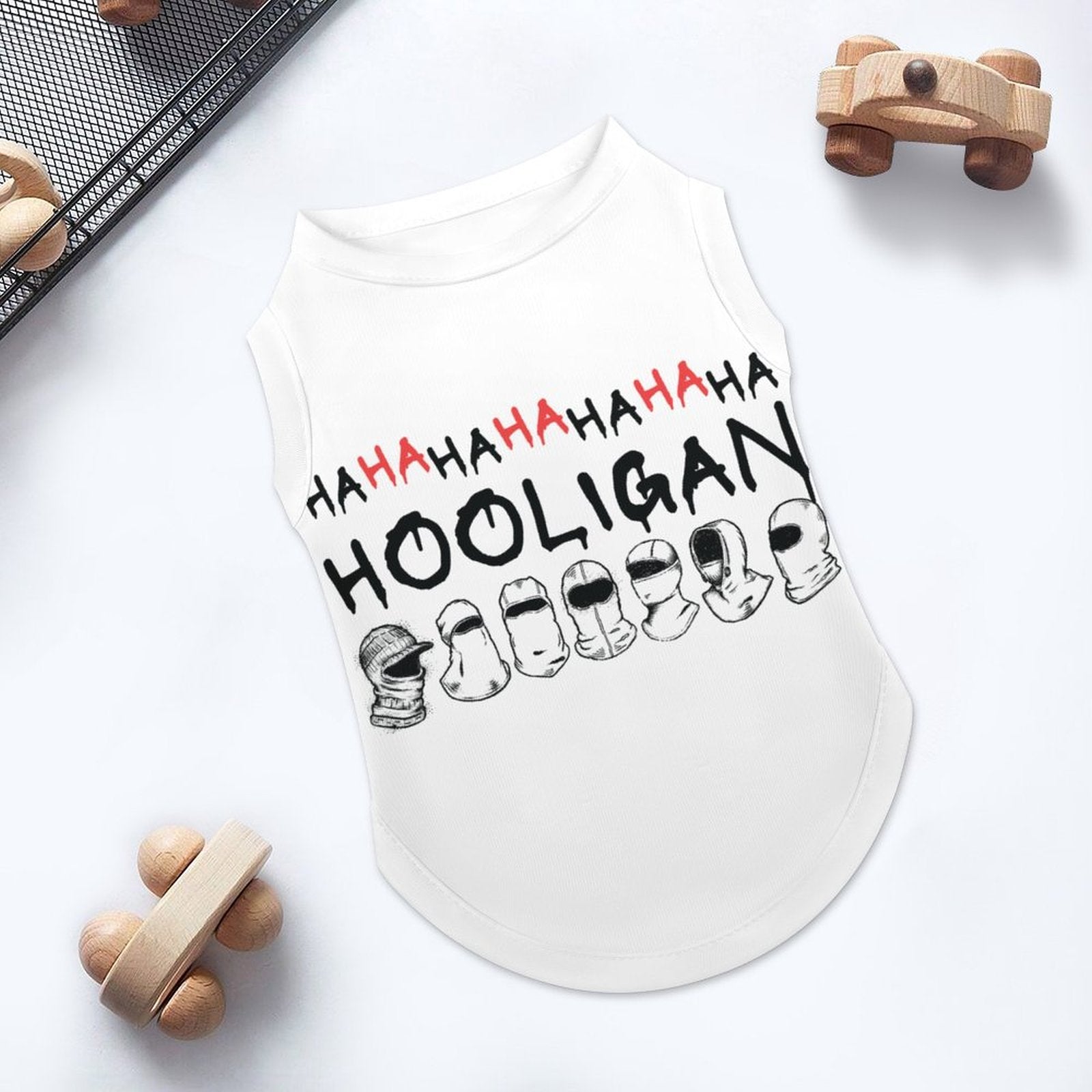 Close-up detail of 'BTS Hooligan' red circle logo on a white ice silk dog shirt, showing high-quality sublimation printing.