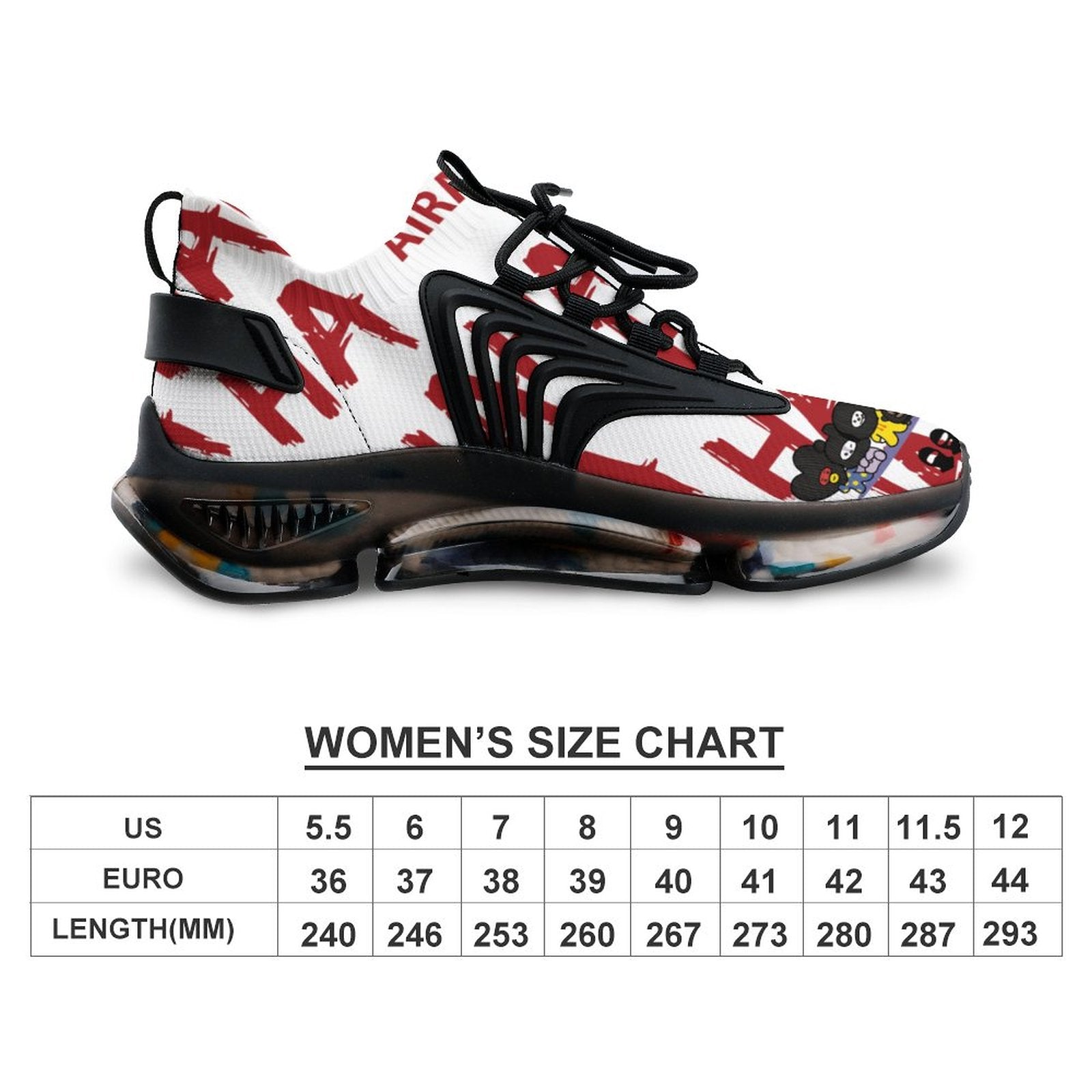 Flat lay sizing dimension chart graphic for the women's basketball shoes, showing inclusive sizing parameters from US 5.5 to US 12 / EUR 36 to EUR 44.
