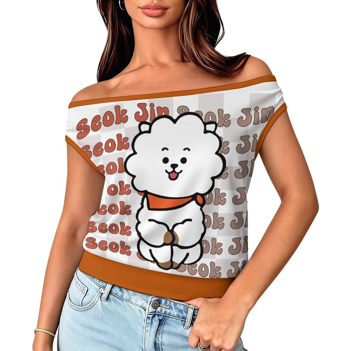 BTS Jin BT21 Off-Shoulder T-Shirt | K-Pop Fan Merch All-Over Print