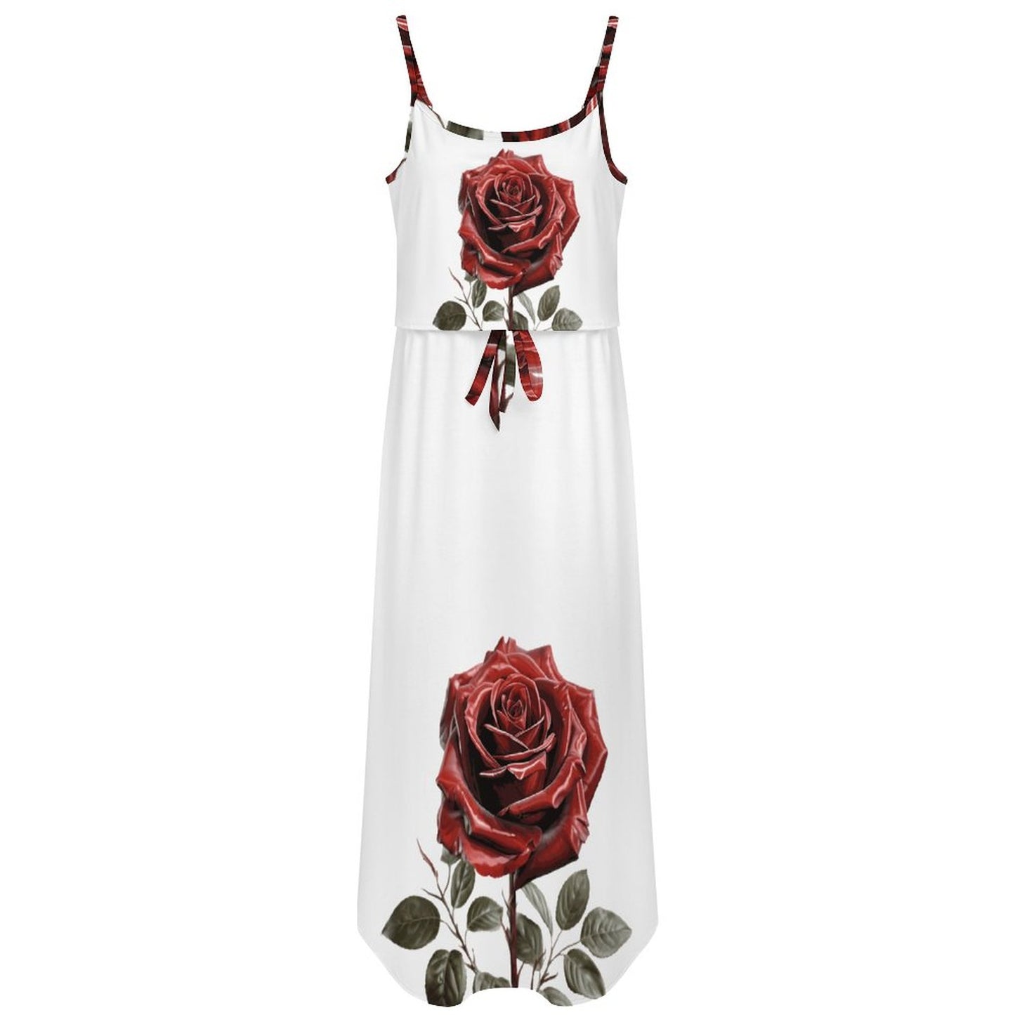 Clean, front-facing product mockup of a white sleeveless A-line maxi dress featuring a vertical red rose print layout on a white background.