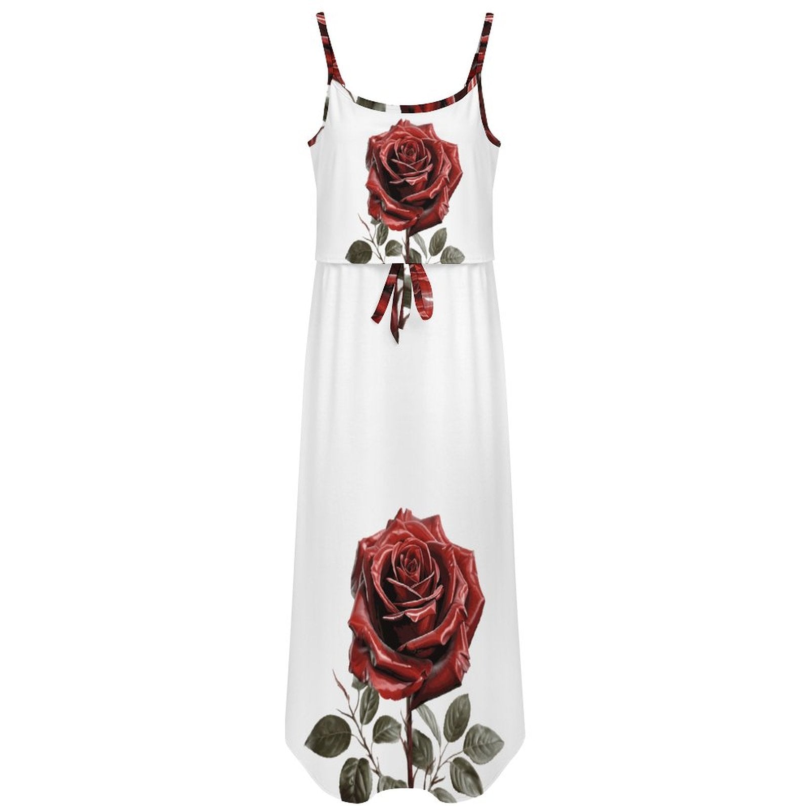 Clean, front-facing product mockup of a white sleeveless A-line maxi dress featuring a vertical red rose print layout on a white background.