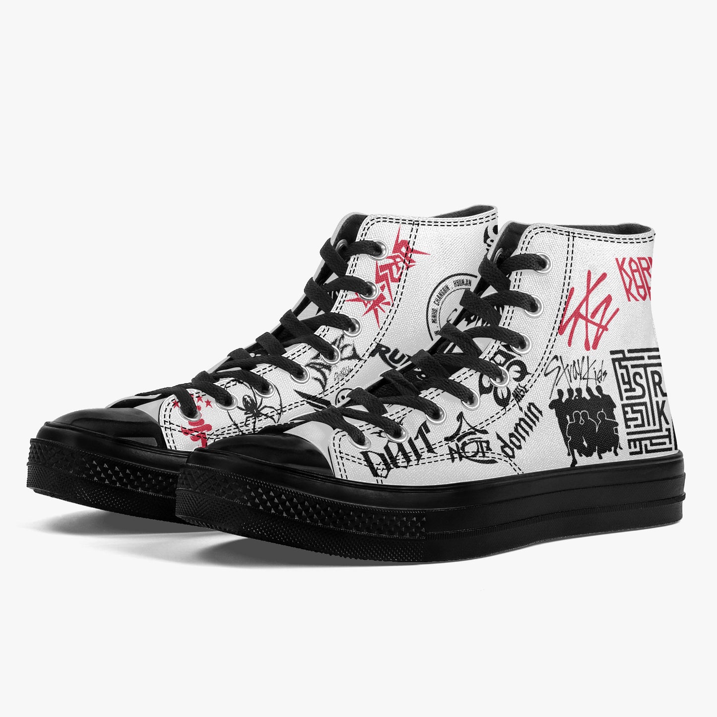 Detailed side profile view of a custom Stray Kids white canvas high-top sneaker on a white background, highlighting a sharp black rubber outsole and an edgy layout of red and black graffiti k-pop merchandise graphics, including the stylized texts "KARMA", "domin-", "RUN!", and "DO IT" alongside iconic fandom motifs.