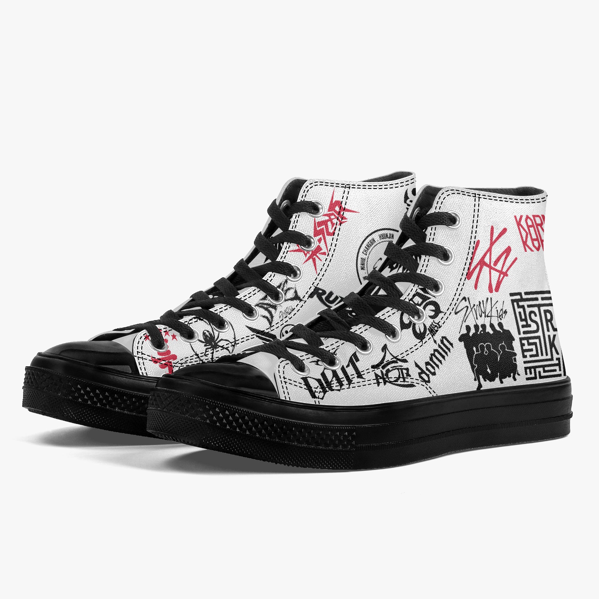 Detailed side profile view of a custom Stray Kids white canvas high-top sneaker on a white background, highlighting a sharp black rubber outsole and an edgy layout of red and black graffiti k-pop merchandise graphics, including the stylized texts "KARMA", "domin-", "RUN!", and "DO IT" alongside iconic fandom motifs.