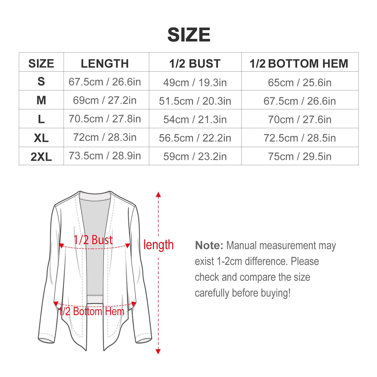 Size chart for a garment with measurements in centimeters and inches.