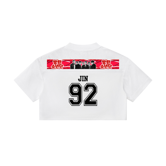 Seokjin BTS crop top jersey sporty K-pop concert outfit