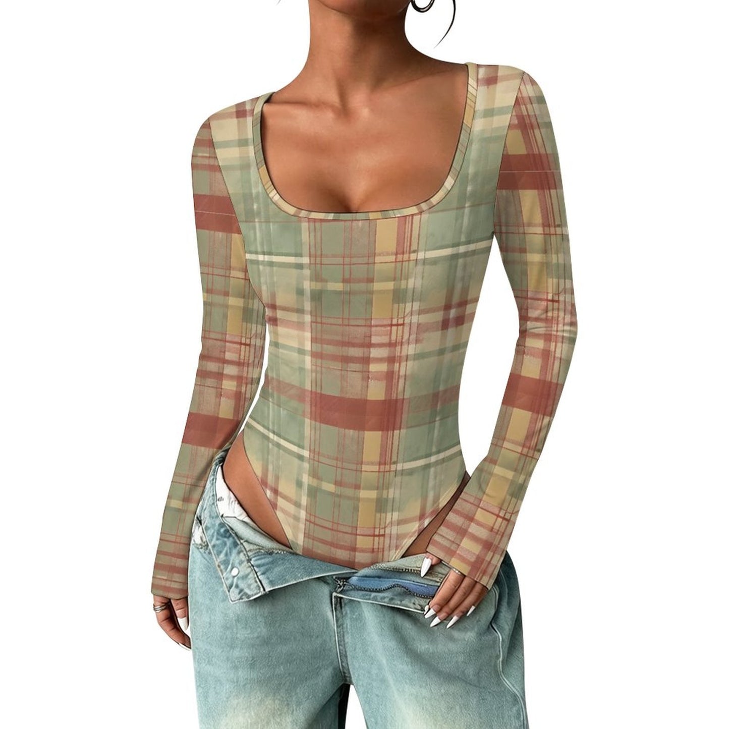 Square Collar Long Sleeved Jumpsuit(All-Over Printing)
