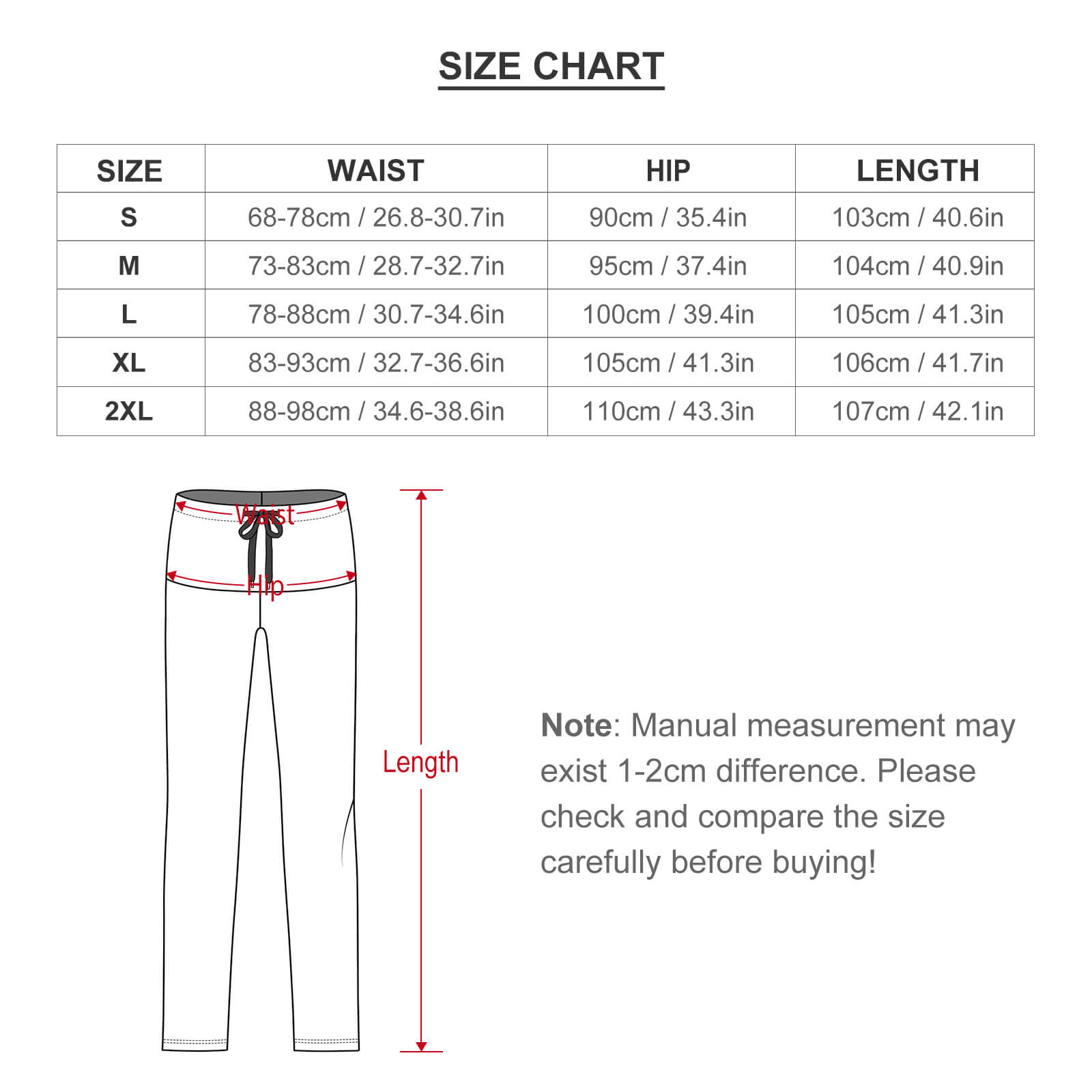 Size chart for pants with measurements in waist, hip, and length on a white background.