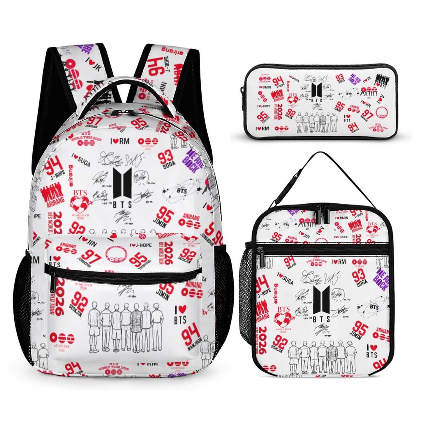BTS ARMY "Borahae" 3-Piece School Backpack Set | K-Pop Aesthetic Travel Bag, Insulated Lunch Bag & Pencil Case