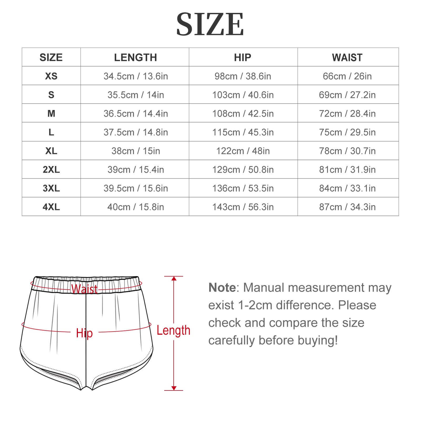 Size chart for the BookTok lounge pajama shorts, showing length, hip, and waist measurements in centimeters and inches for sizes XS to 4XL.
