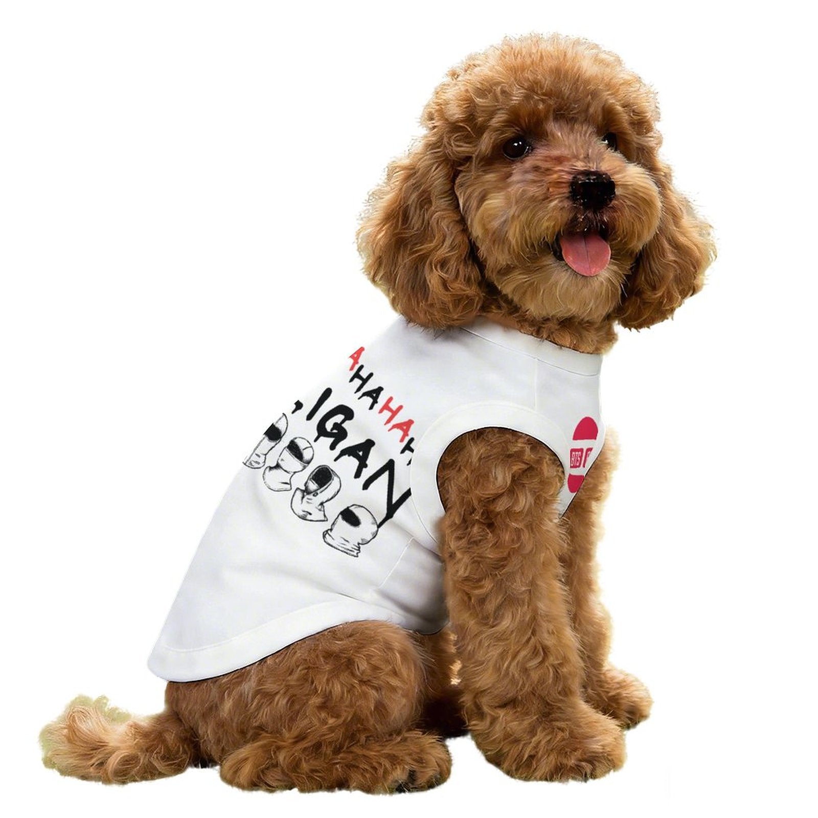 Small brown poodle wearing a white 'BTS Hooligan' pet cooling tank top in a park, showcasing K-pop fan apparel for dogs