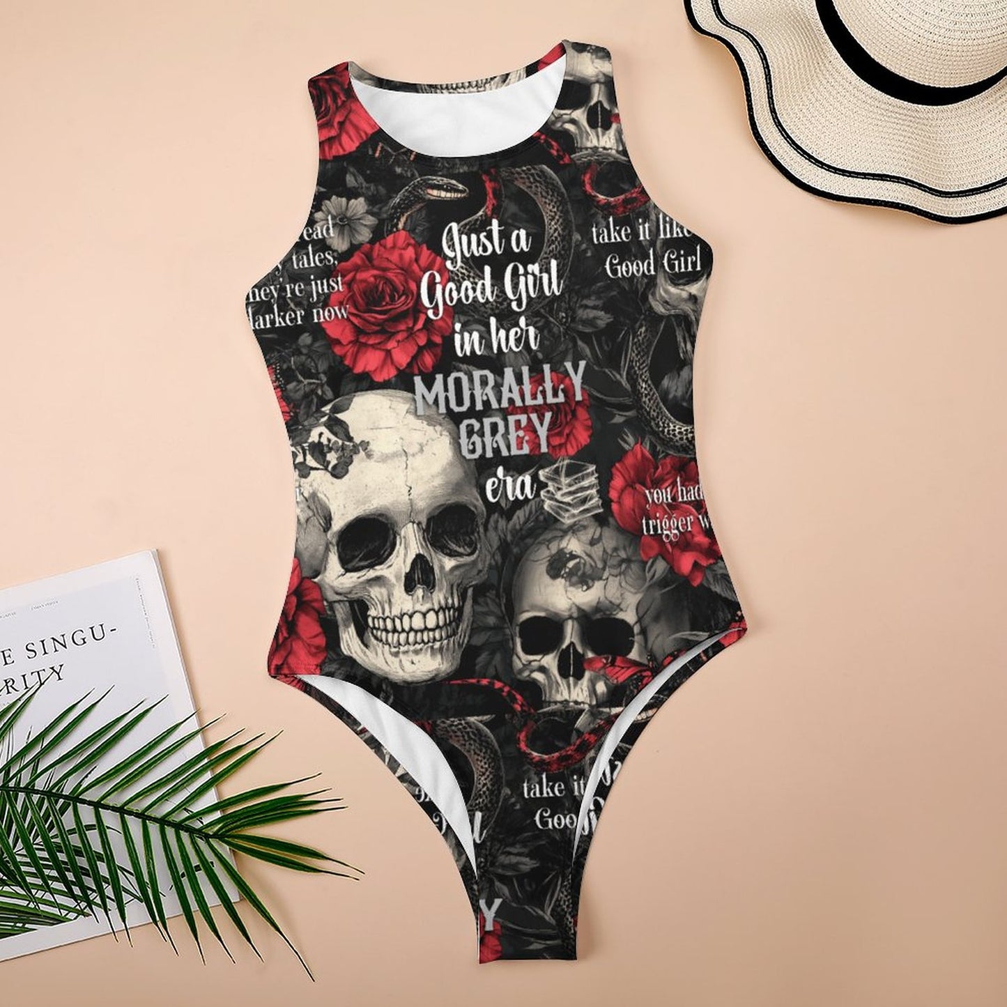 Front view of 'Morally Grey Era' black sleeveless bodysuit with gothic skull and rose design.